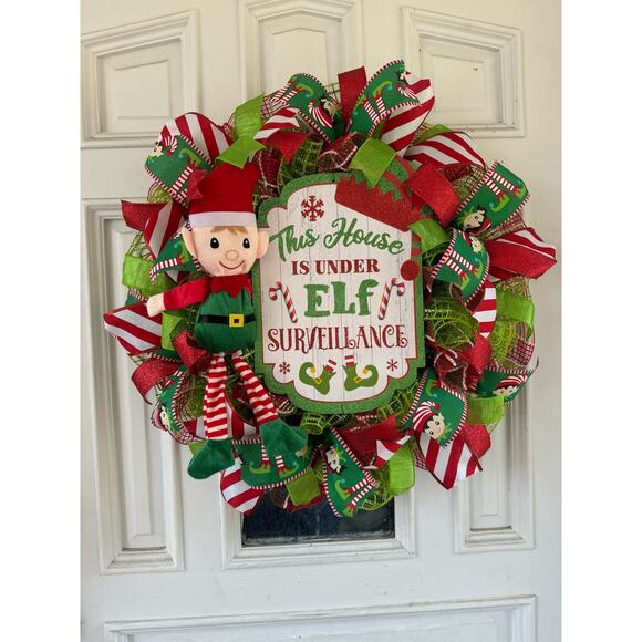Elf Surveillance Christmas Wreath | Fun Elf Holiday Door Hanger Fireplace Decor - Picture 1 of 9
